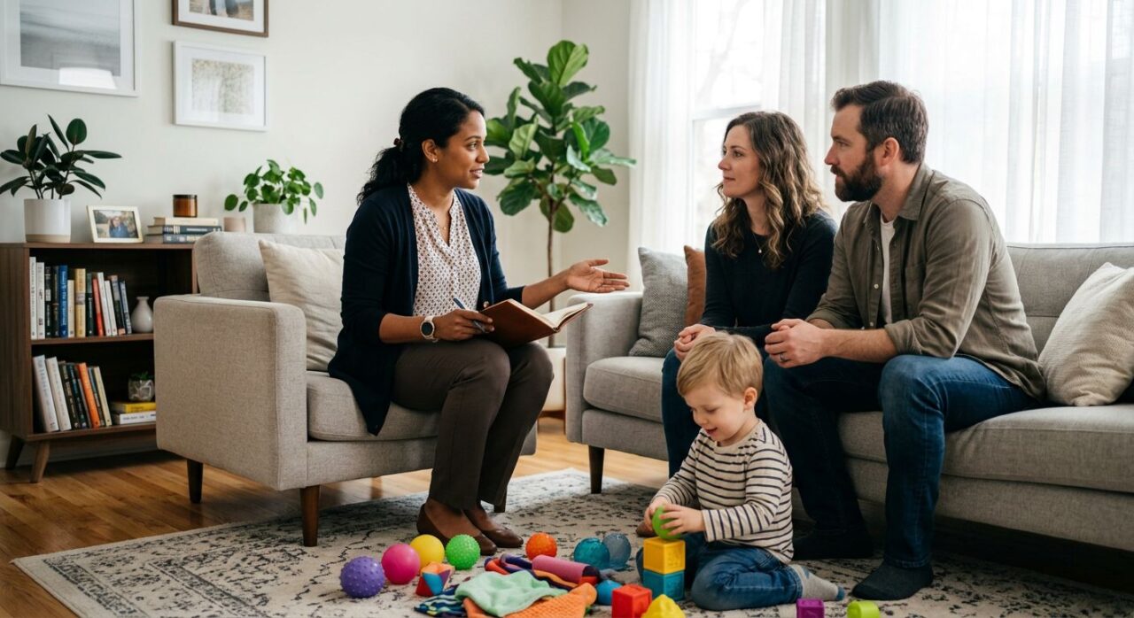 BCBA therapist consulting with parents in a bright living room as child plays with sensory toys, representing family-centered autism caregiver consultation.