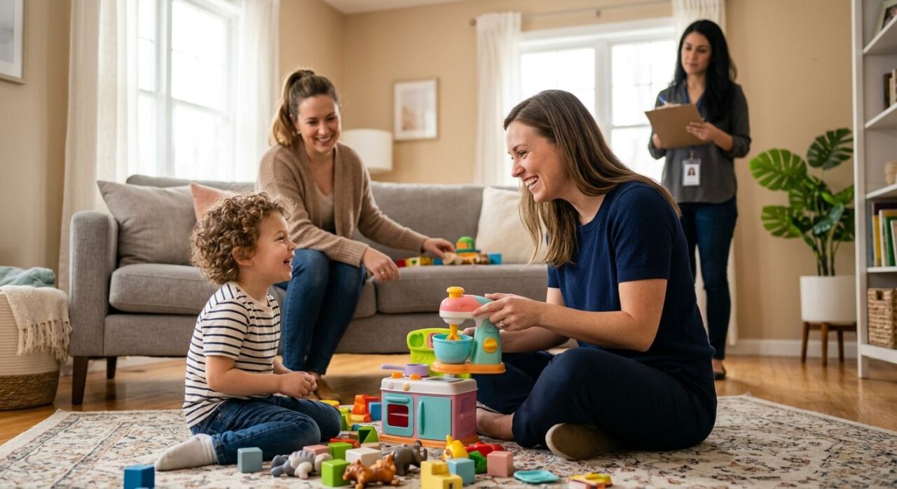 A registered behavior technician using play-based teaching with a smiling child during ABA therapy, with a parent nearby and a BCBA observing