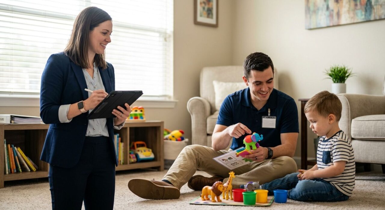Female BCBA and male RBT working with a young child on the floor with colorful toys in a bright living room