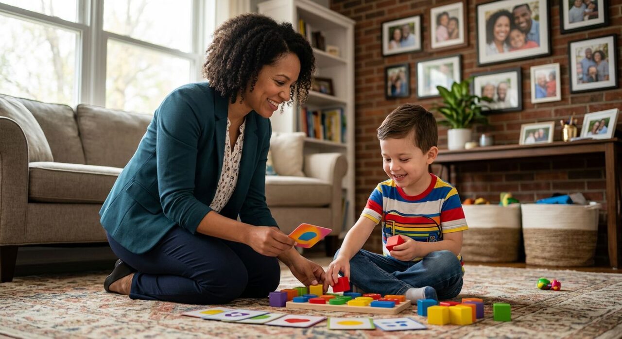 A BCBA therapist kneeling beside a young child with autism, engaging in play-based therapy in a warm, sunlit living room with colorful teaching materials and family photos.