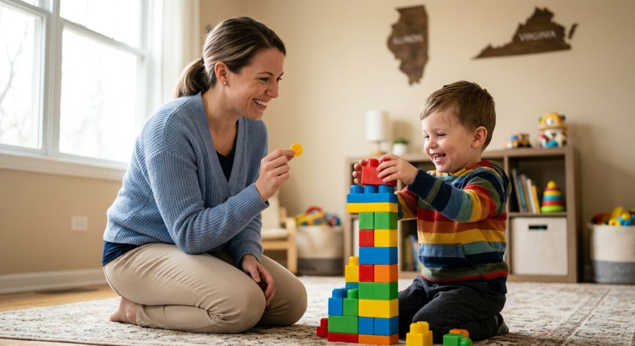 Smiling behavior analyst kneeling beside a preschooler with autism building blocks in a bright living room, with a subtle Illinois and Virginia map in the background.