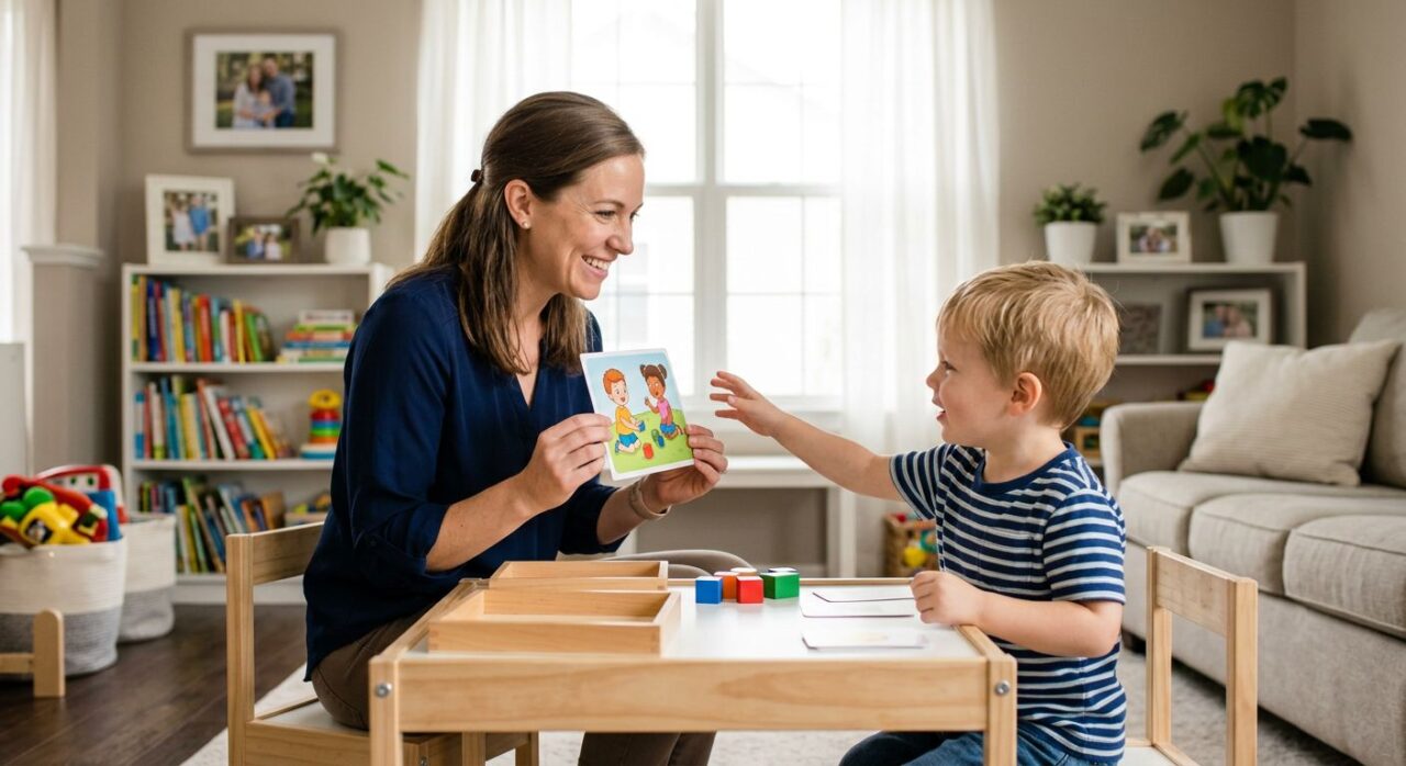 A BCBA therapist and a young child engaged in a therapy activity at a table in a bright suburban living room