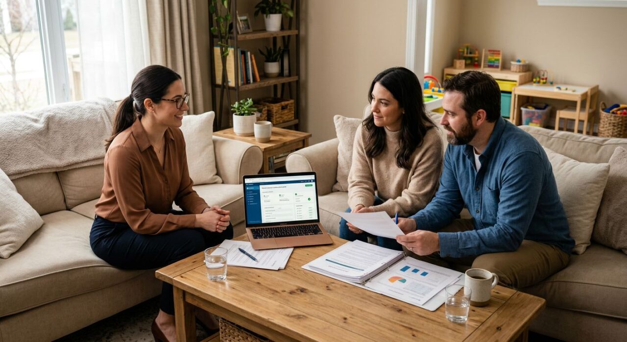 A BCBA sitting with parents at a table in a warm living room, reviewing insurance documents and a treatment plan on a laptop