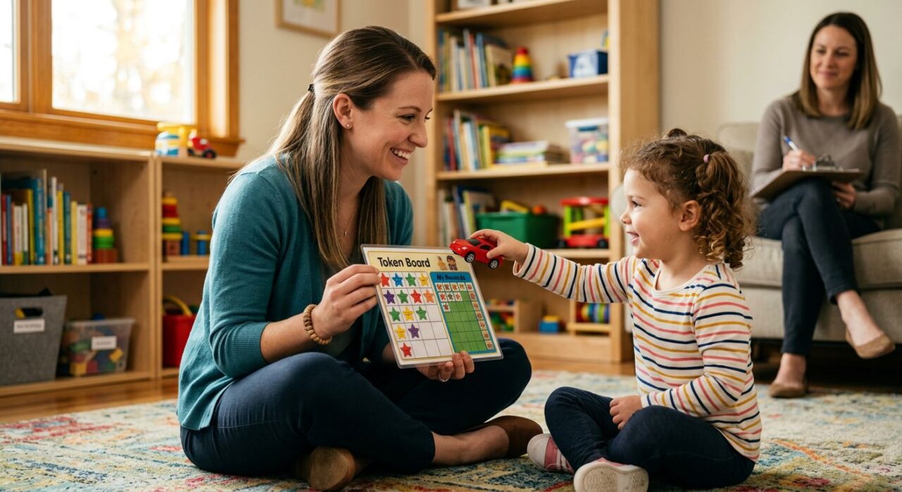 Female BCBA sitting on floor with young child in home playroom, holding token board, parent watching in background