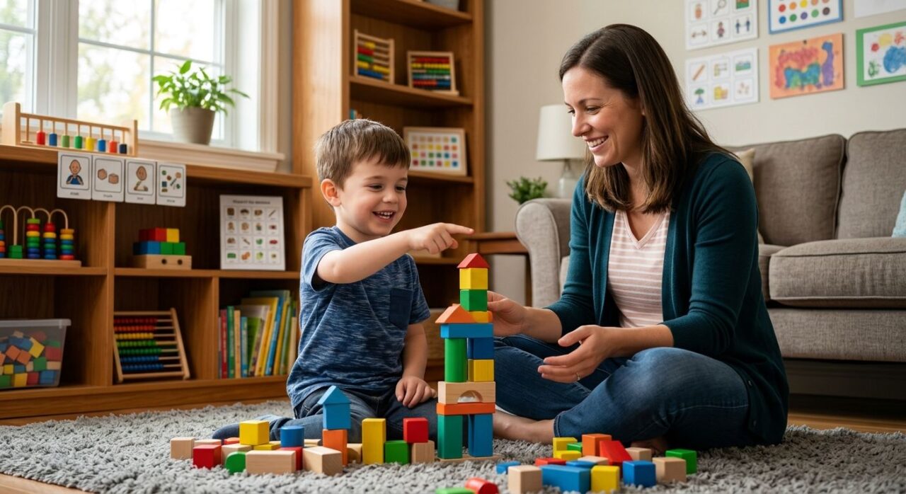 Professional photo of a BCBA therapist engaged in child-led play with blocks alongside a smiling young child in a bright, tidy living room with educational visuals.