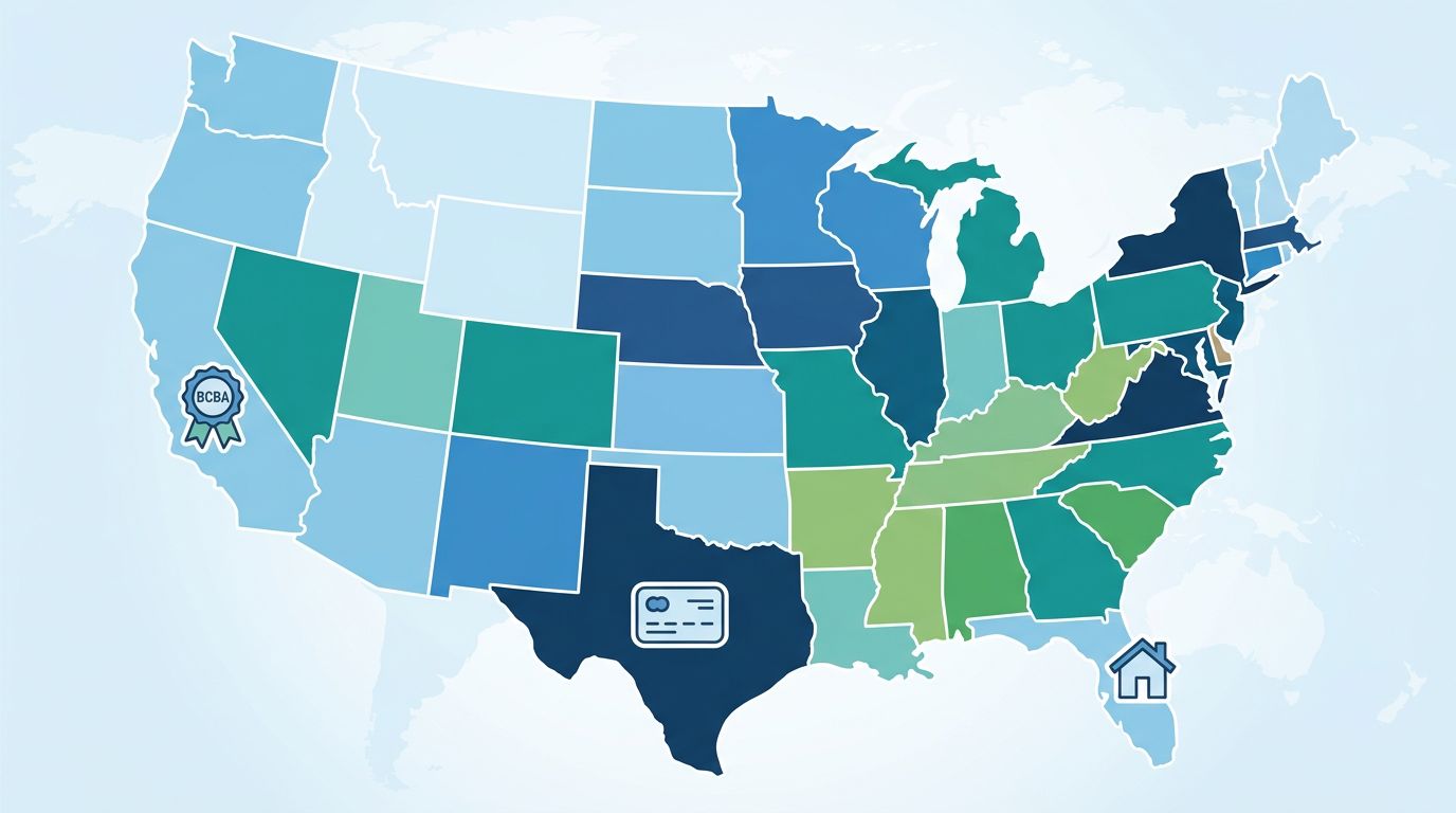 Stylized map of the United States color-coded for cost-of-living impact on ABA therapy rates with icons of home, insurance card, and BCBA badge placed near relevant states