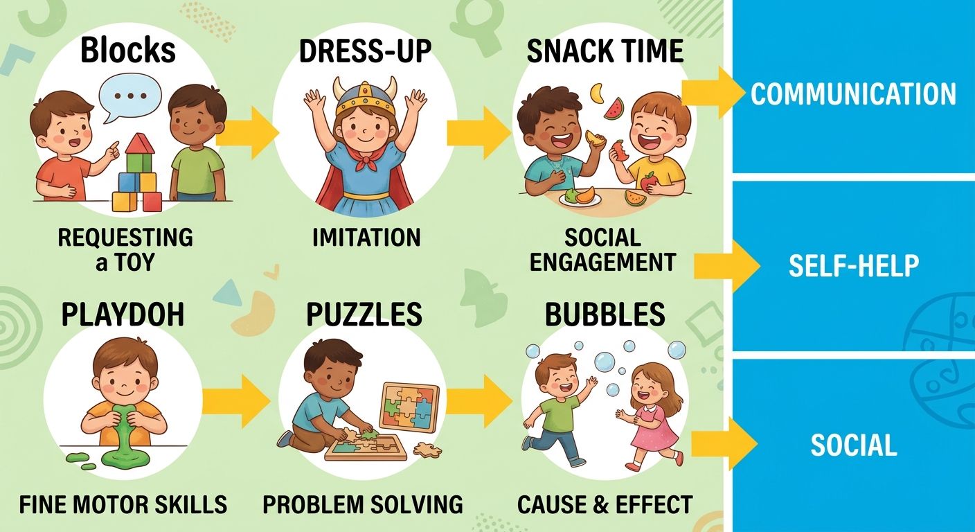Infographic demonstrating how everyday play activities like blocks, dress-up, and snack time build communication, self-help, and social skills in children with autism.
