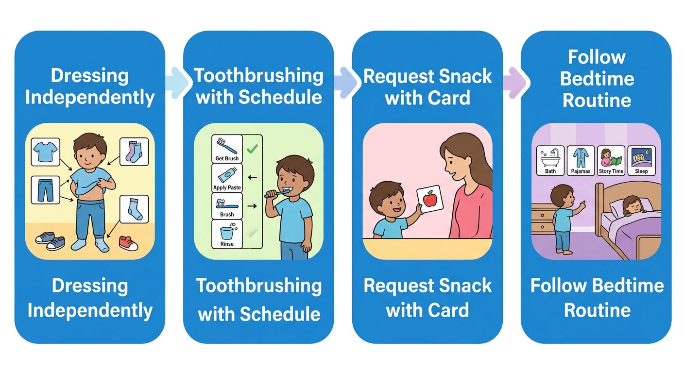 Infographic showing four daily living skills taught through ABA therapy
