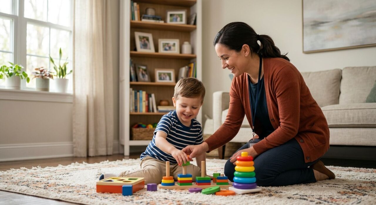 Board Certified Behavior Analyst engaging young child with colorful educational toys in cozy living room setting
