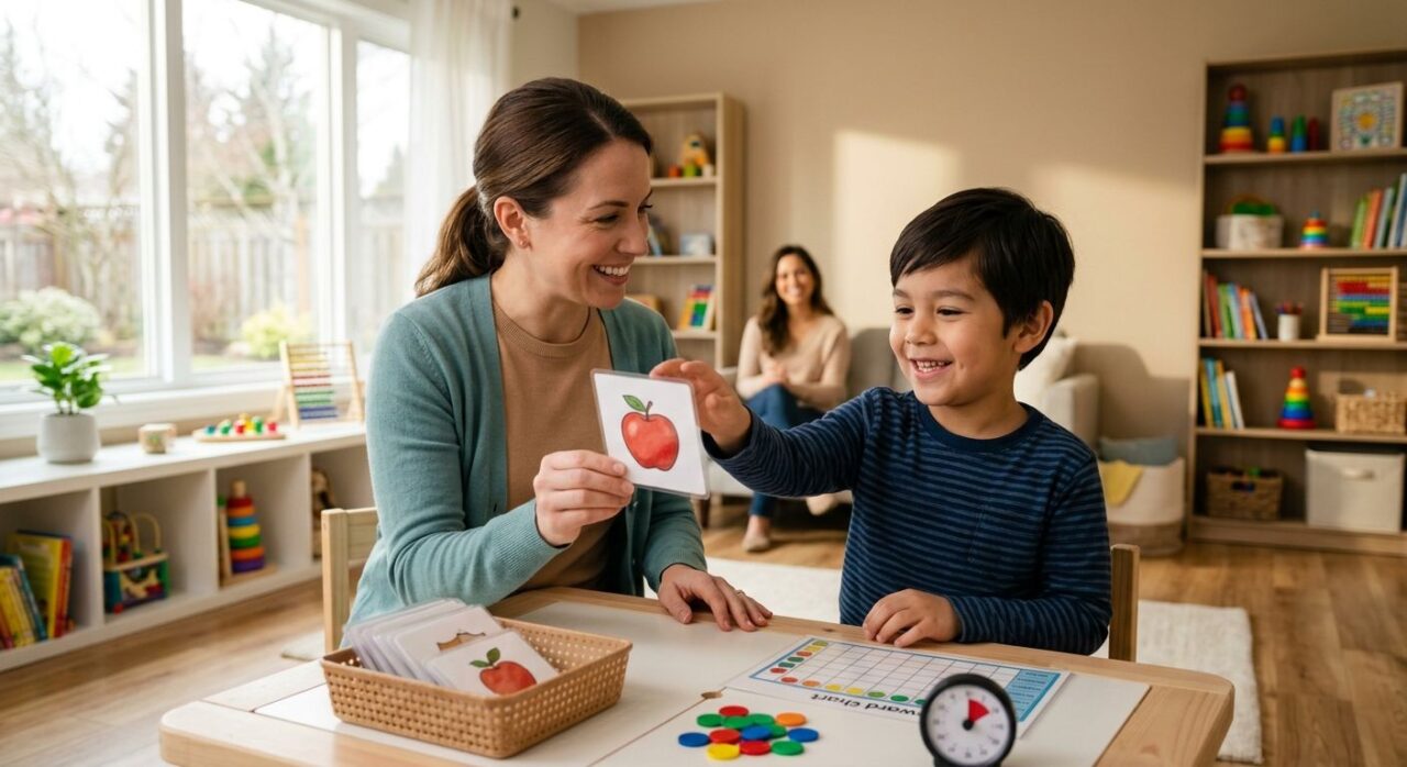 A young child with autism engaged in a one-on-one ABA therapy session with a female BCBA therapist at a home table, bright natural sunlight streaming through a large window, modern living room setting with toys and learning materials, the therapist holding a picture card, the child reaching and smiling, a parent observing in the background