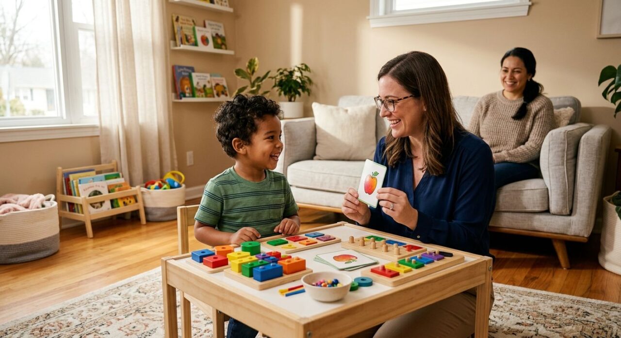In-home ABA therapy session with therapist and child at table with colorful materials, parent watching from sofa.