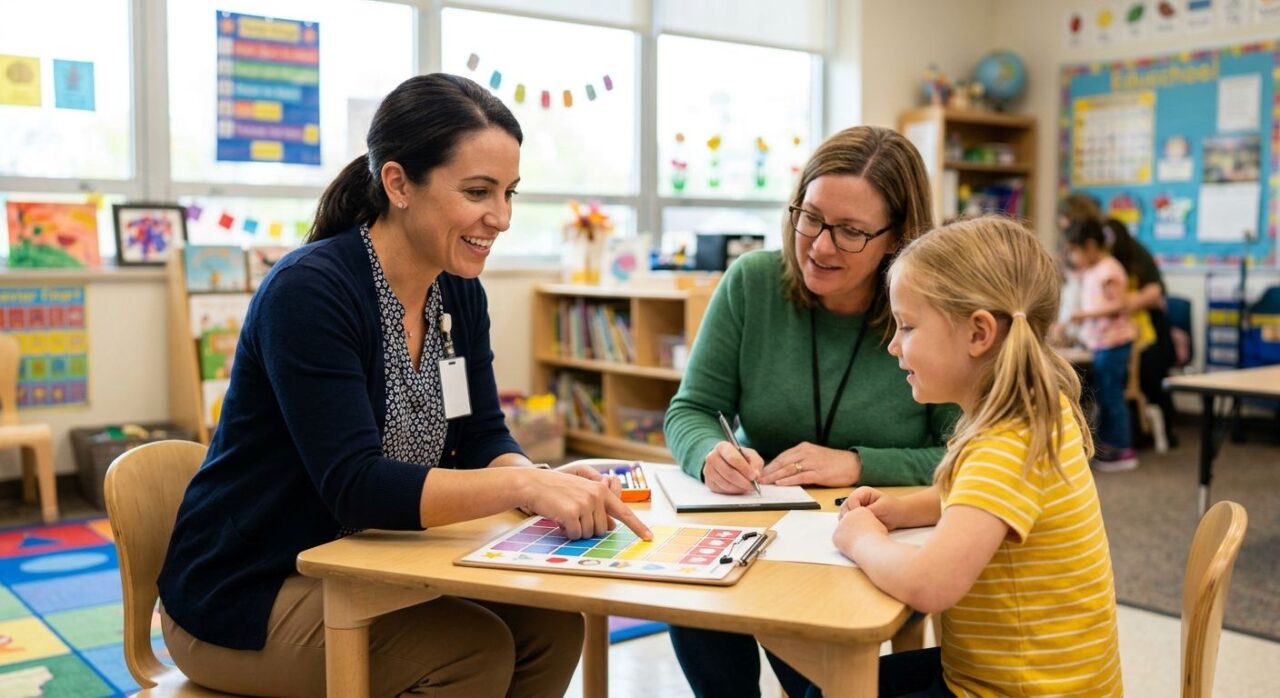 Female Board Certified Behavior Analyst in Illinois elementary school classroom sitting at a small table with young student and teacher, pointing to colorful behavior chart while teacher takes notes, bright natural light, educational posters on wall, warm welcoming atmosphere.