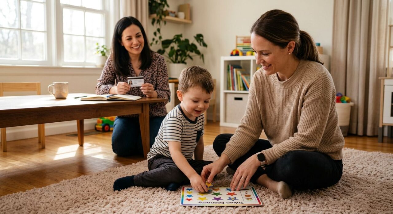 A BCBA therapist sitting on the floor with a child using a token board while a parent holds an insurance card at a wooden table in a sunlit room.