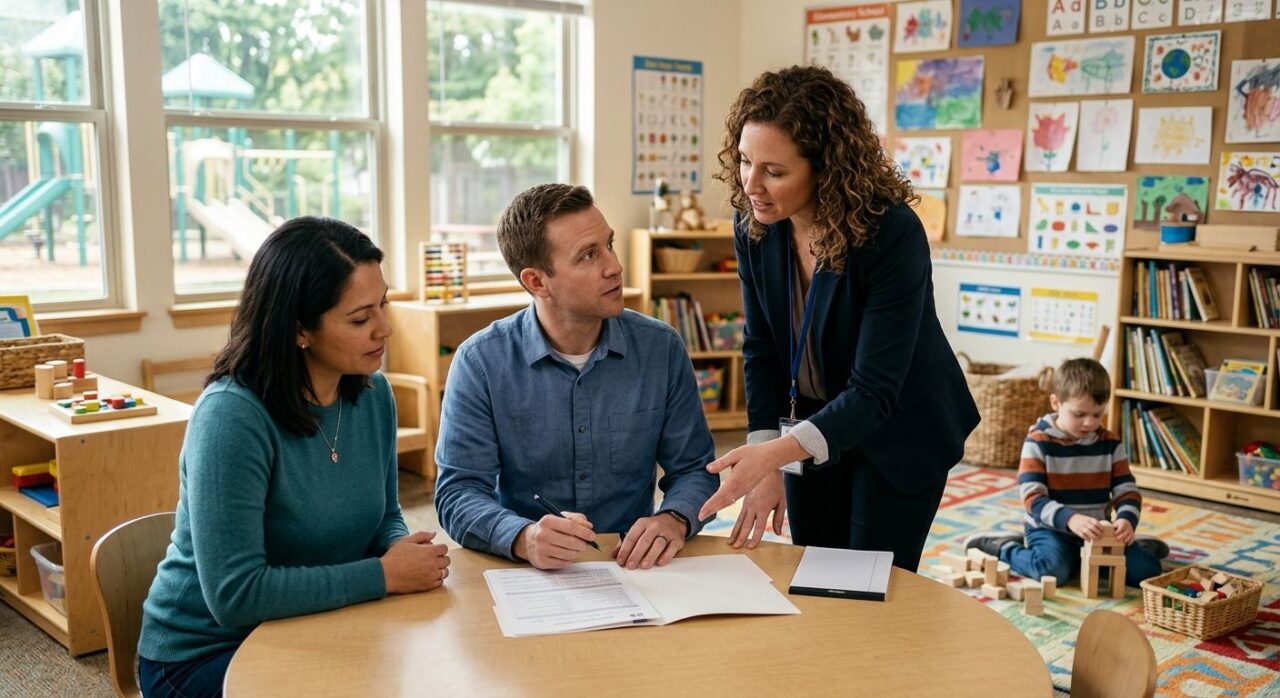 Collaborative school meeting with mother, teacher, and BCBA supporting a child with autism in a bright classroom