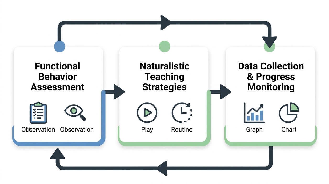 Three-step ABA techniques cycle showing Functional Behavior Assessment, Naturalistic Teaching Strategies, and Data Collection & Progress Monitoring