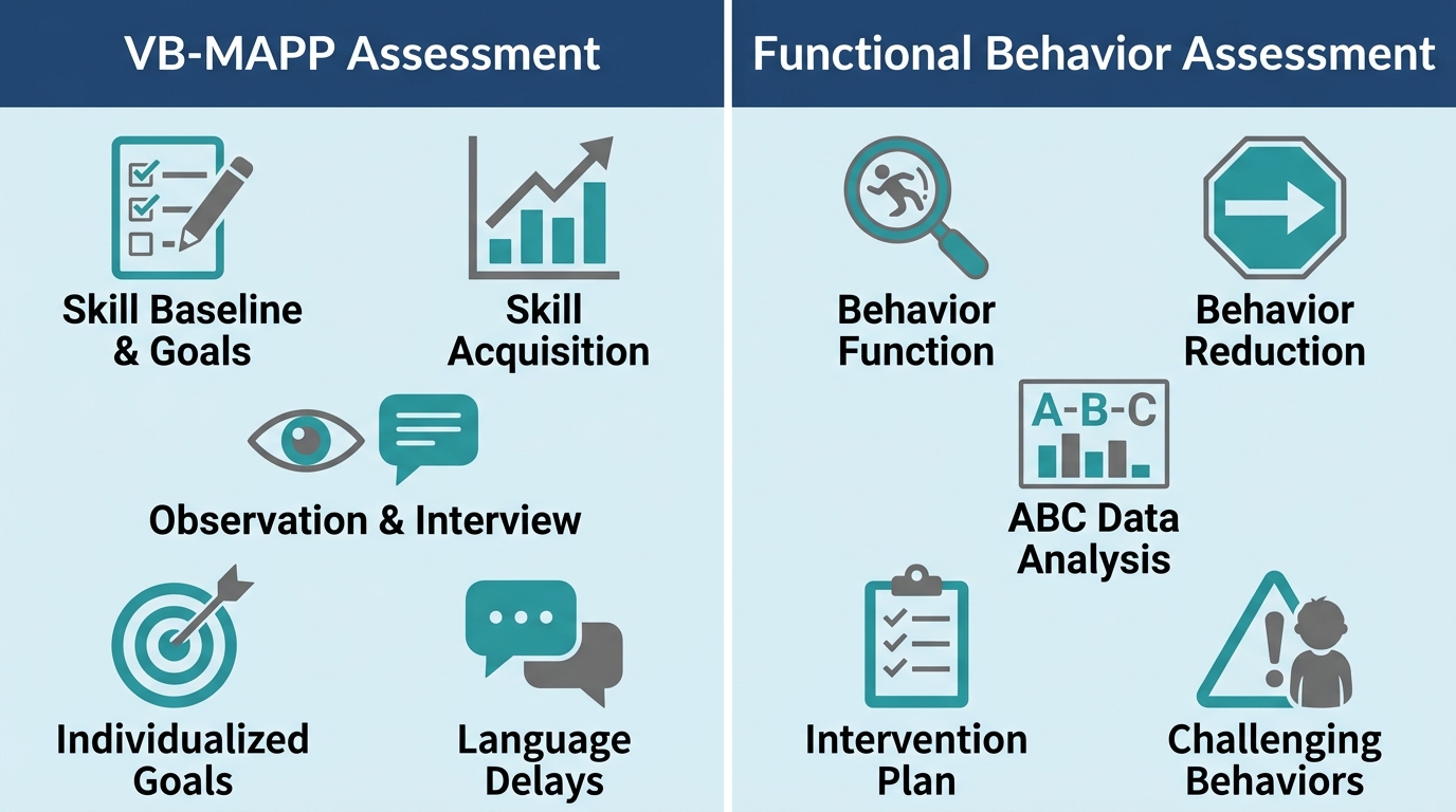Clean two-column infographic comparing VB-MAPP Assessment and Functional Behavior Assessment with flat outline icons