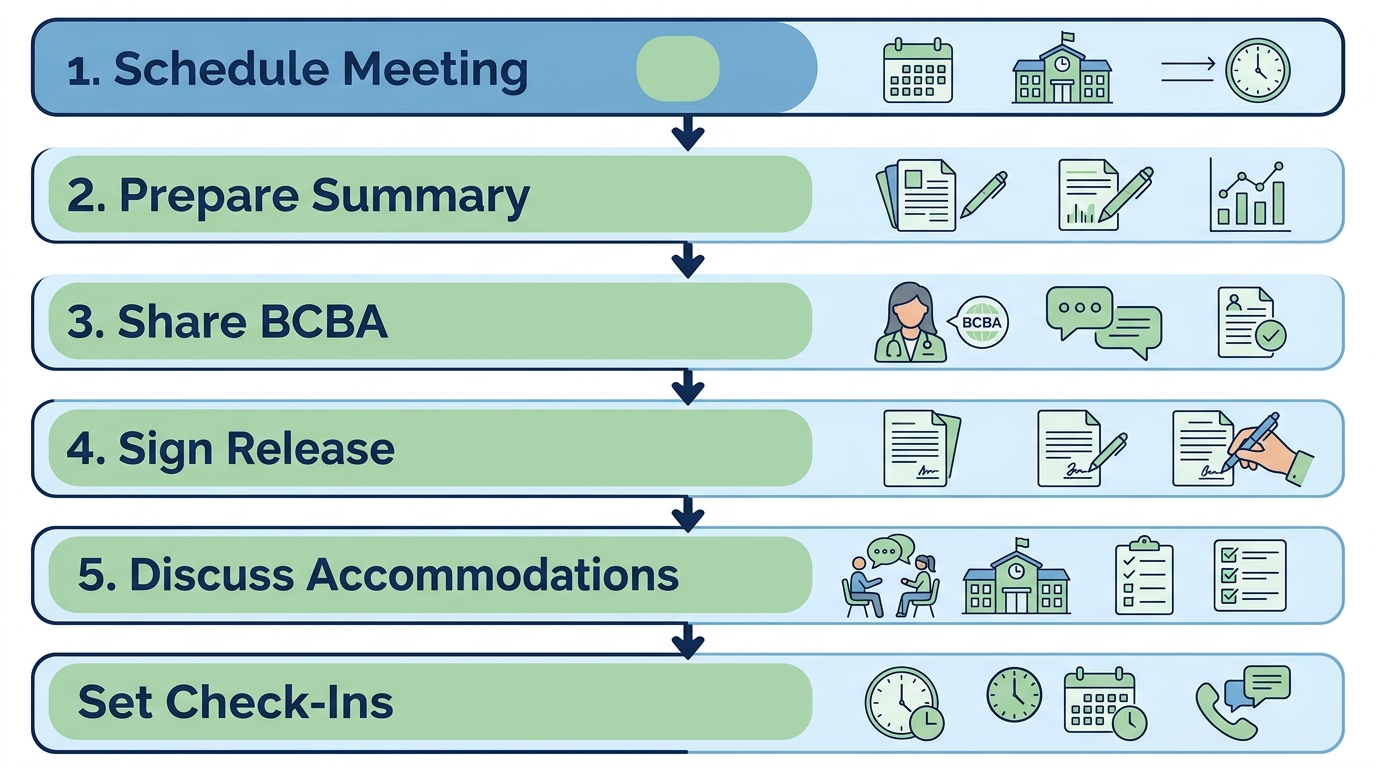 Process flow diagram showing six steps to establish communication for school ABA support: Schedule meeting, prepare summary, share BCBA contact, sign release, discuss accommodations, set check-ins.