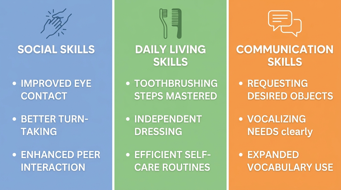 Infographic of ABA therapy core benefits showing three columns for Social Skills, Daily Living Skills, and Communication Skills with icons and bullet points.