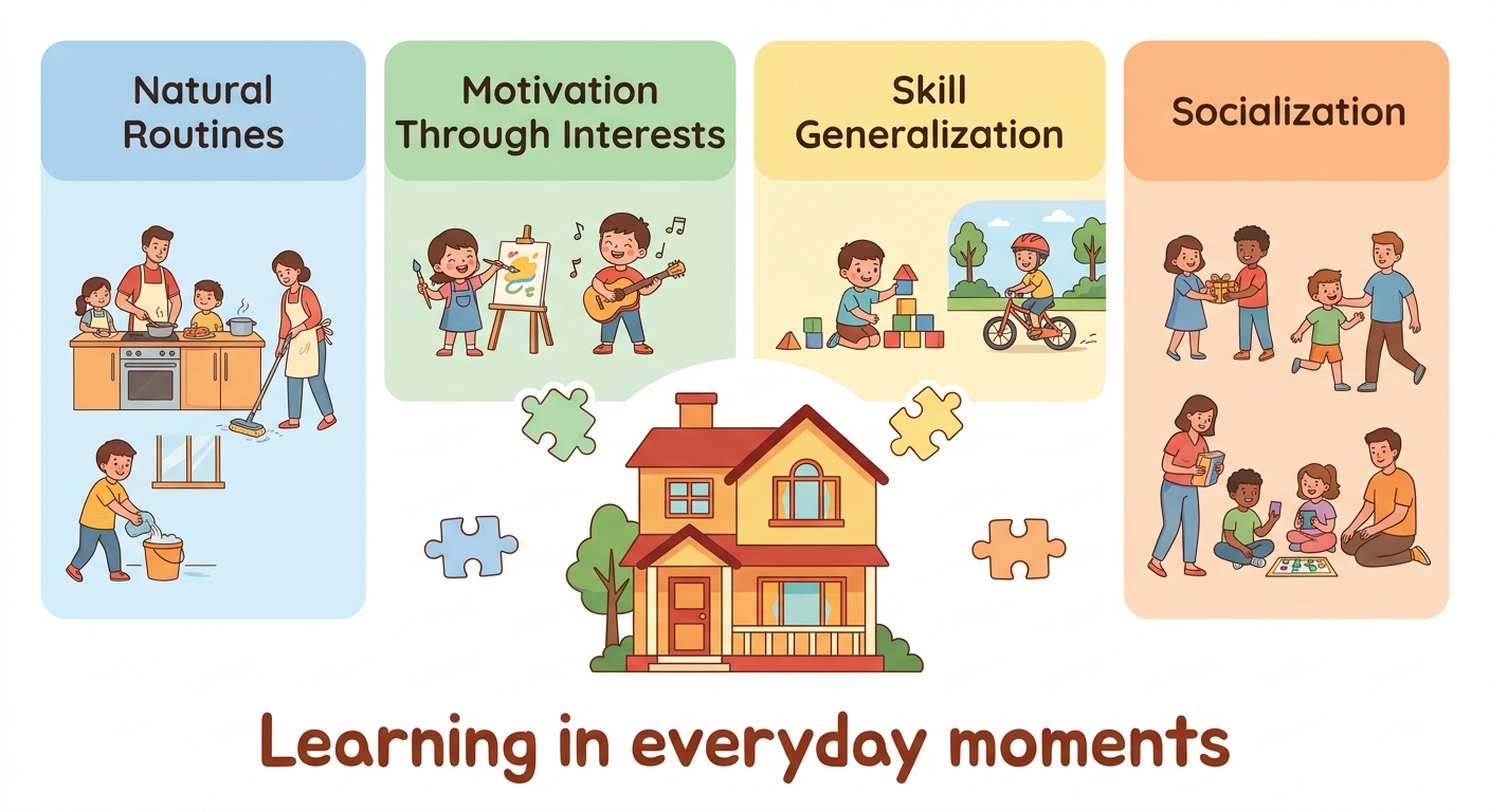 Home with radiating puzzle pieces leading to four boxes labeled Natural Routines, Motivation Through Interests, Skill Generalization, and Socialization, with the tagline Learning in everyday moments.