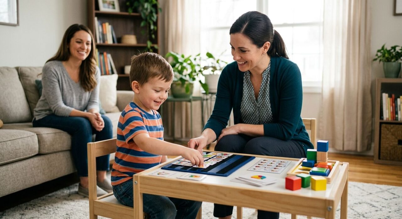 A BCBA therapist works one-on-one with a smiling child at a bright home table while a parent watches in the background