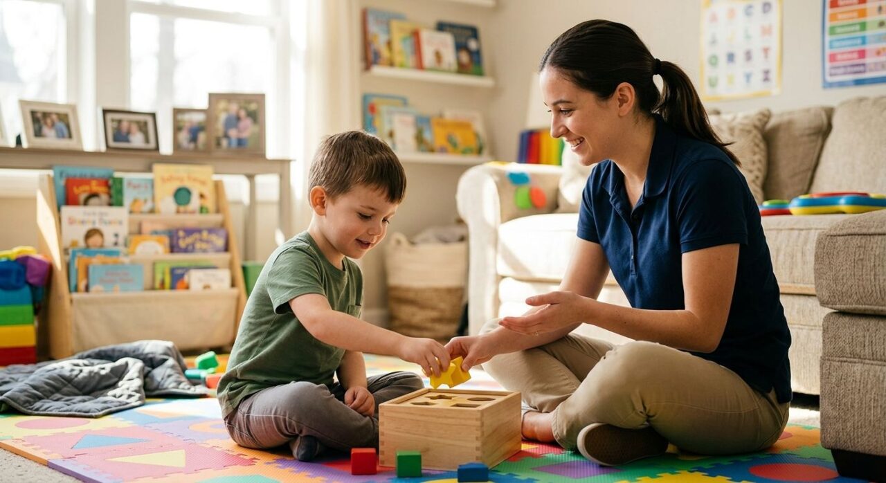 A registered behavior technician guiding a young child with autism through a toy sorting activity on a colorful play mat in a bright living room with natural sunlight.