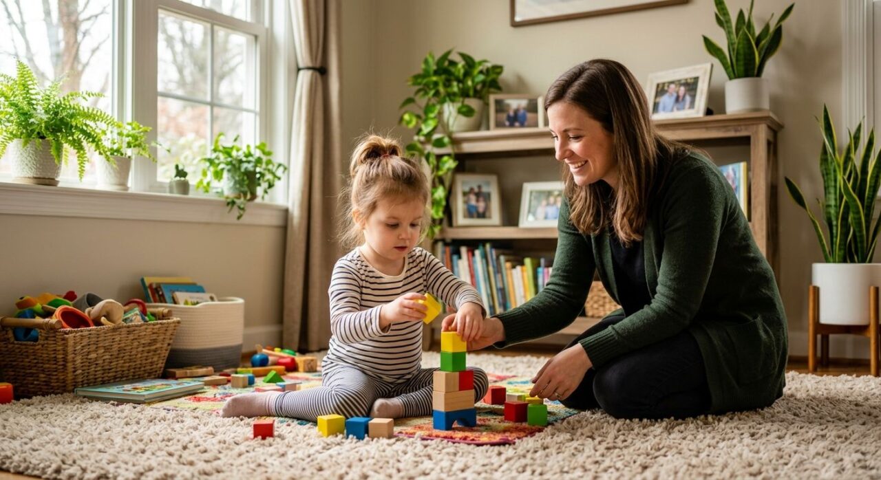 A warm photograph of a child and a therapist playing with blocks on a living room rug at home in Richmond, Virginia.