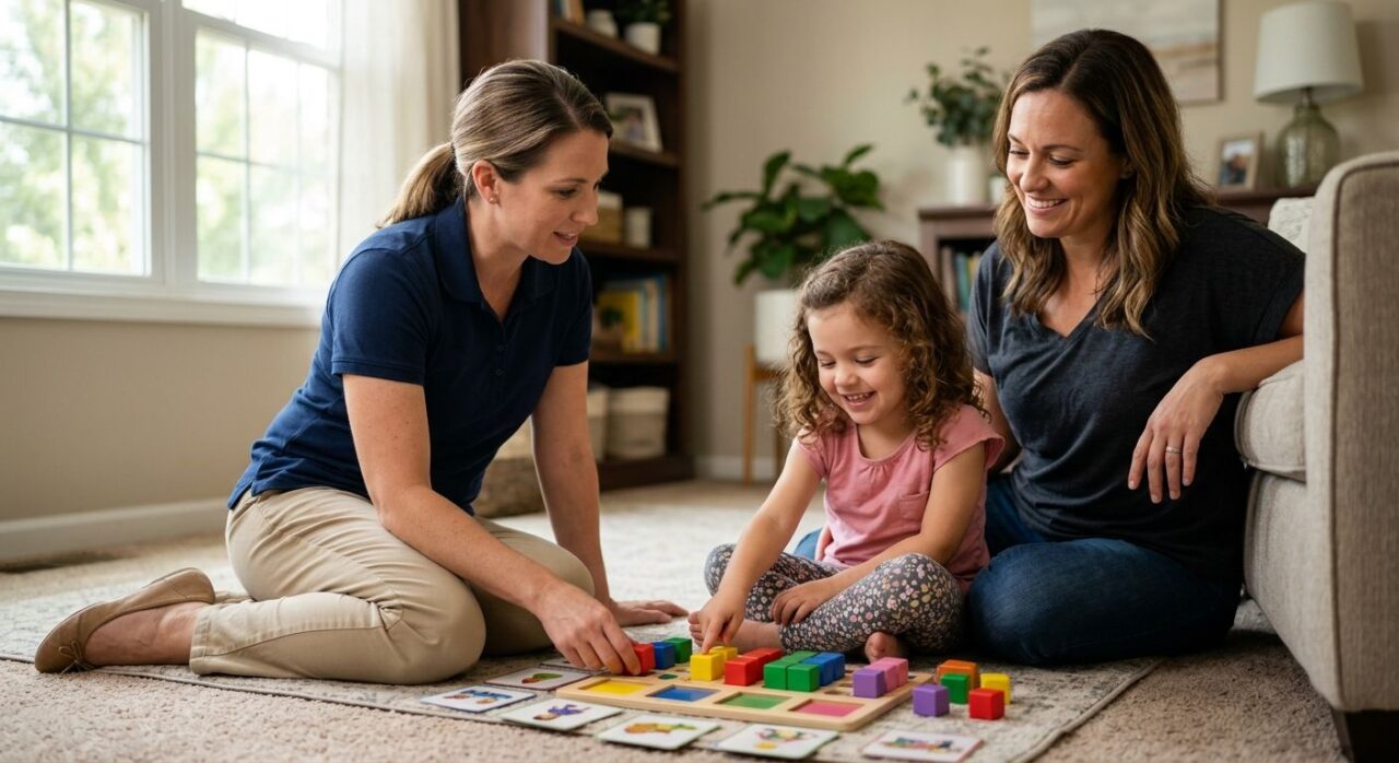 Warm photograph of a BCBA therapist on a living room floor with a young child and parent, engaged in a colorful learning activity, natural light, cozy home environment, partnership and trust