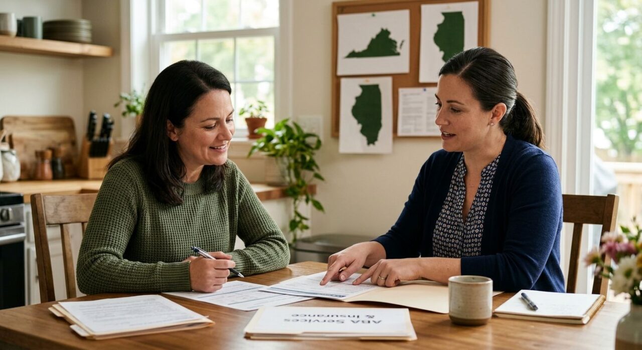 Parent and BCBA therapist sitting at a kitchen table reviewing insurance documents, with map of Virginia and Illinois on wall