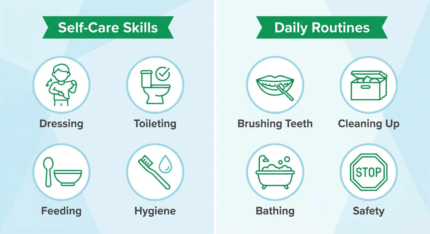 Infographic with two columns titled Self-Care Skills and Daily Routines, each showing four green outline icons in circles labeled Dressing, Toileting, Feeding, Hygiene, Brushing Teeth, Cleaning Up, Bathing, and Safety.