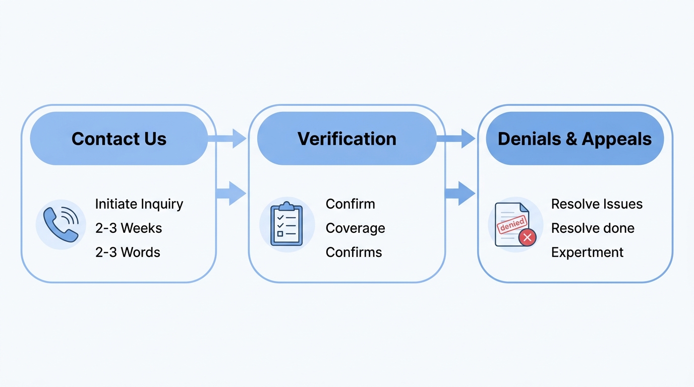 Horizontal process flow diagram with three rounded boxes for ABA therapy insurance approval stages: contact, verification, and denials.
