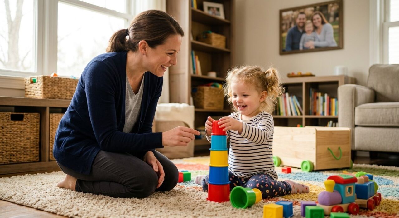 BCBA therapist kneeling on living room floor playing with toddler using stacking toys in warm natural light