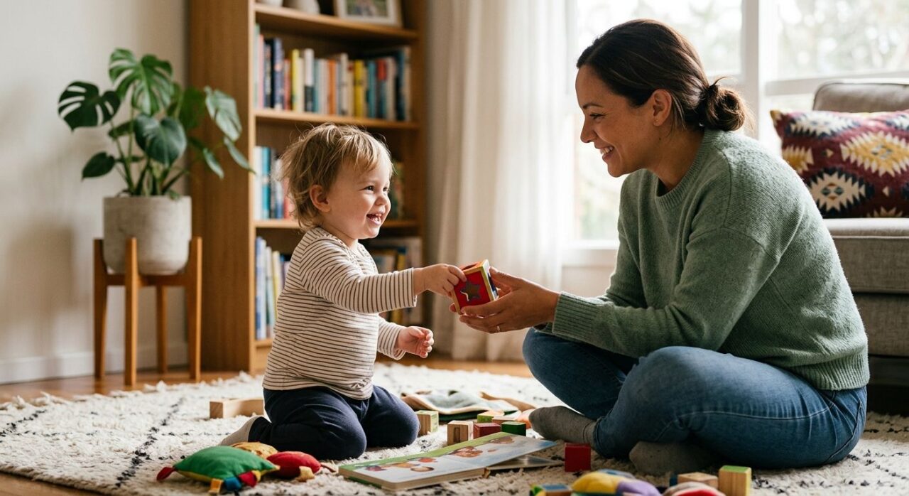 Young child handing a toy to a caregiver while sitting on a living room floor in warm natural light