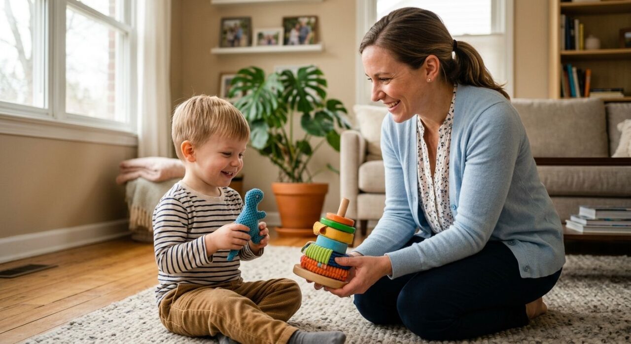 Professional behavior analyst engaging in play-based ABA therapy with a smiling child in a warm, sunlit Virginia home