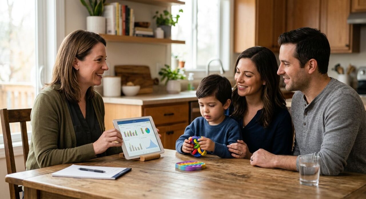 A BCBA therapist sits at a kitchen table with a family of three, holding an iPad showing a treatment plan, while parents and child with autism look on with hope in a sunlit home environment.