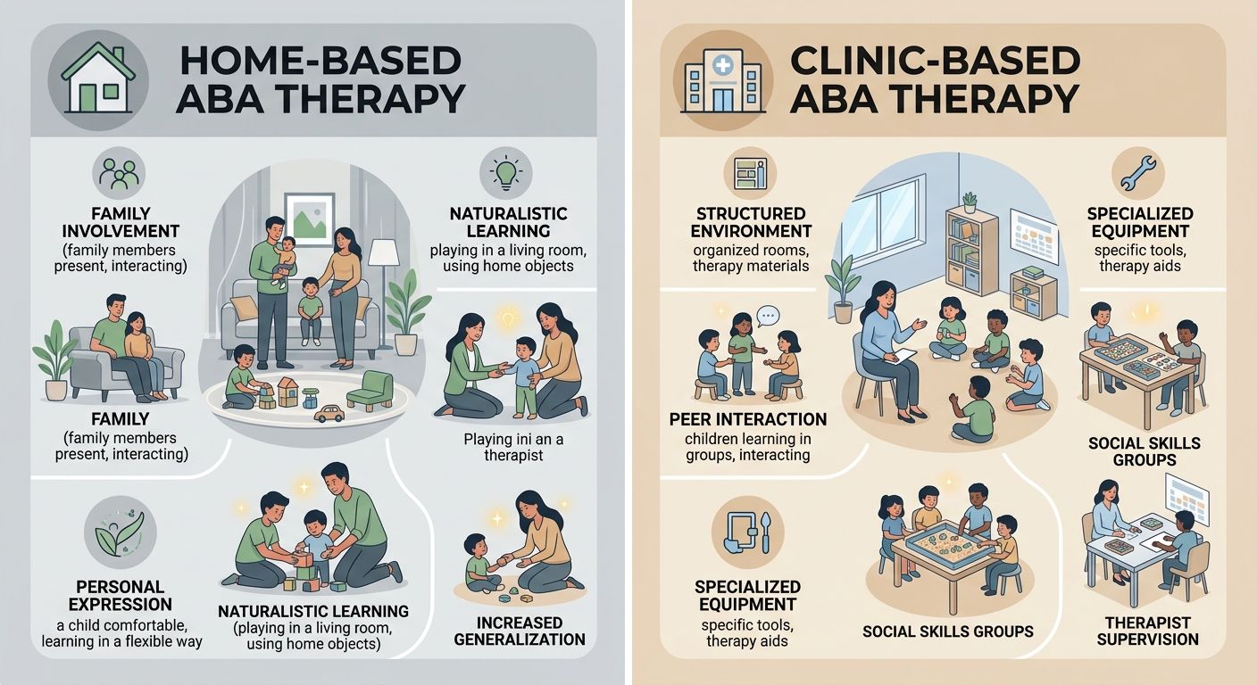 Comparison infographic with two side-by-side panels: home-based ABA therapy with a house icon and family-focused natural learning, and clinic-based ABA therapy with a building icon and structured peer environment.