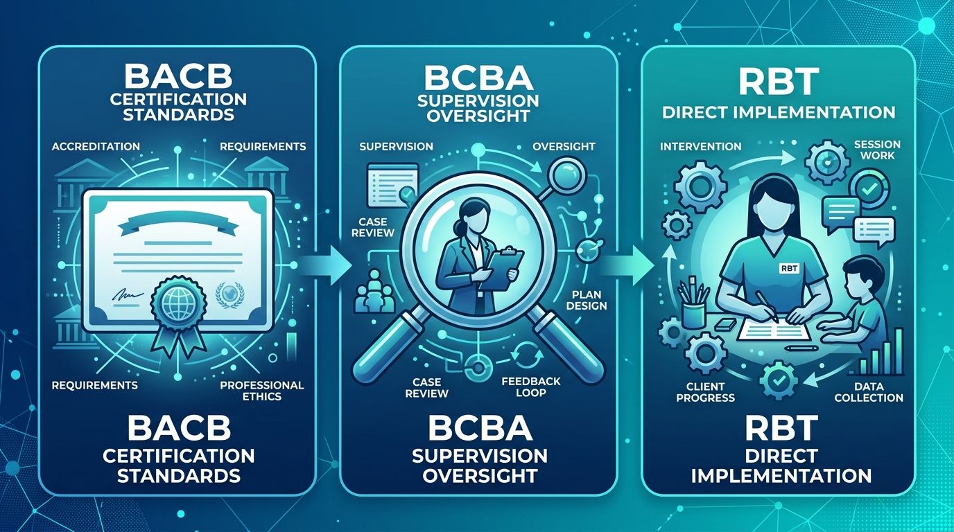Infographic showing the ABA therapy certification hierarchy from BACB standards through BCBA supervision to RBT implementation, with certificate, magnifying glass, and person icons in blue and teal.