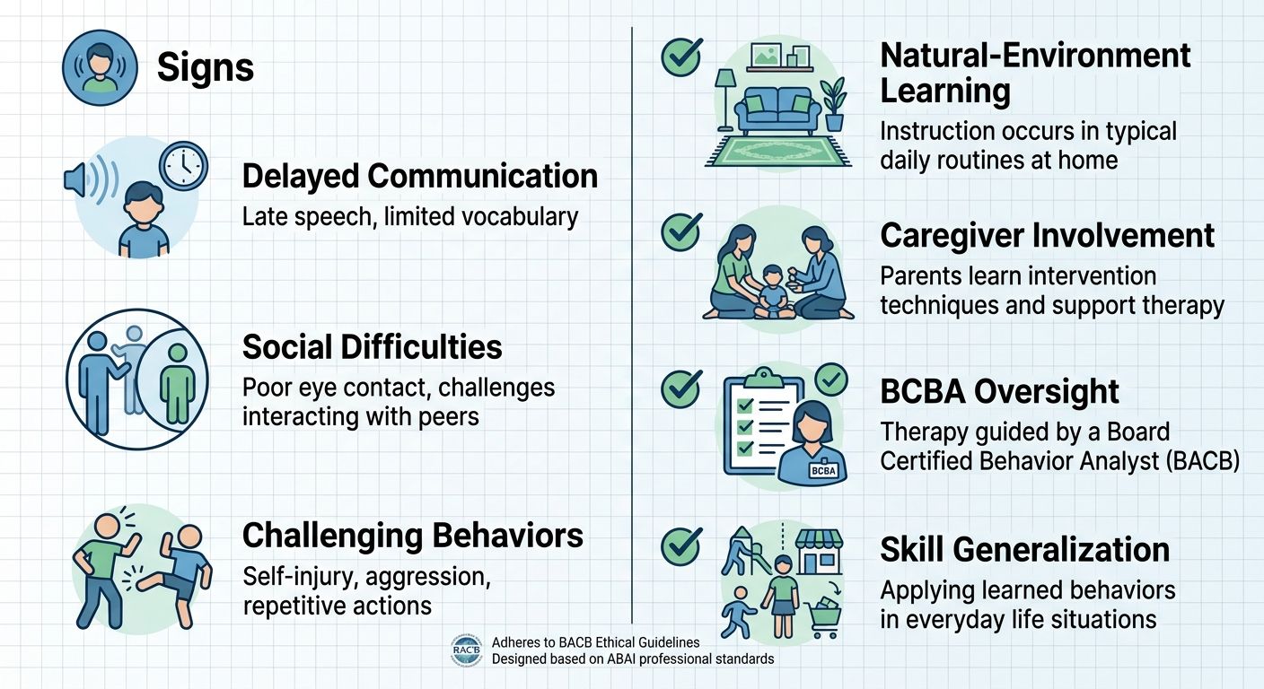 Infographic comparing three signs of autism (delayed communication, social difficulties, challenging behaviors) and four benefits of in-home ABA therapy (natural-environment learning, caregiver involvement, BCBA oversight, skill generalization) with blue-green color scheme.
