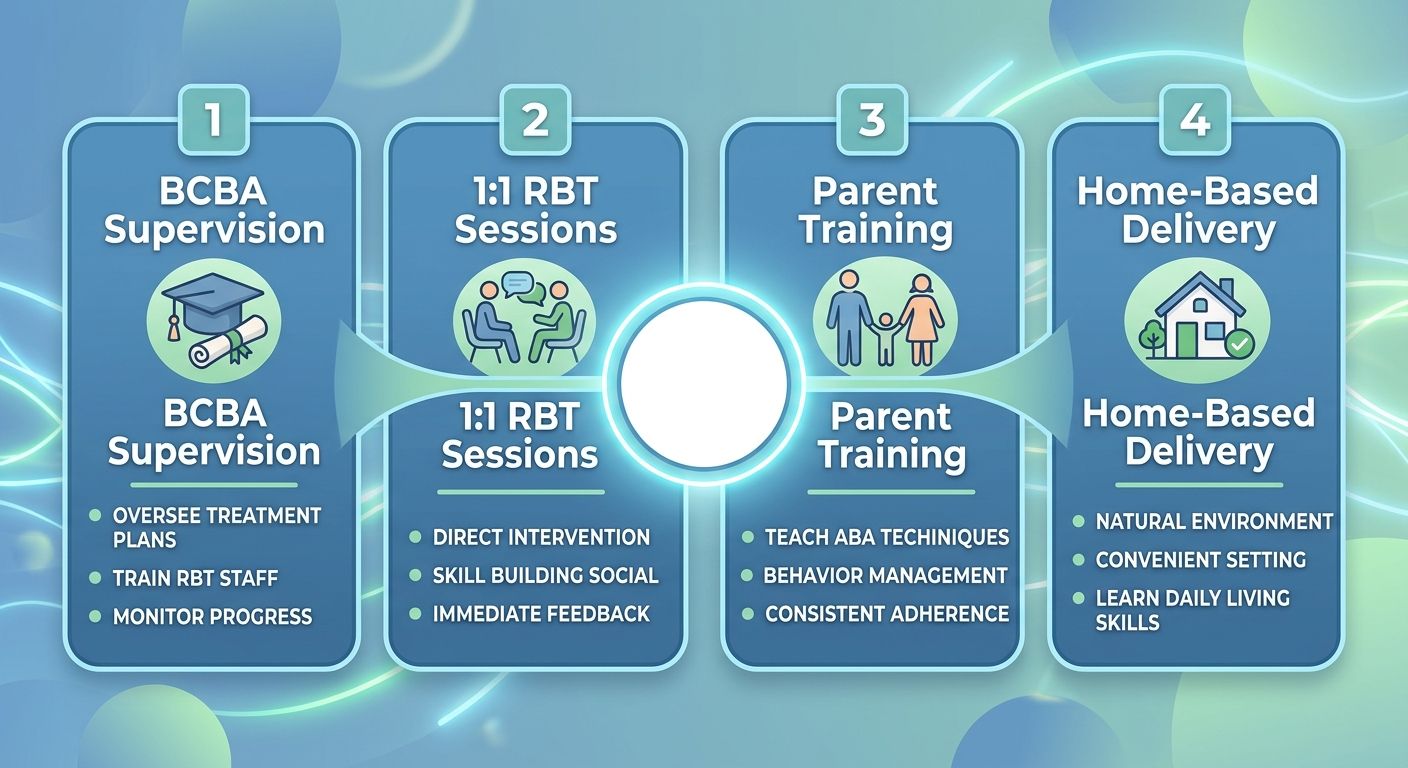 Infographic showing four core components of personalized ABA therapy: BCBA supervision, one-on-one RBT sessions, parent training, and home-based delivery, with calming blue and green palette.