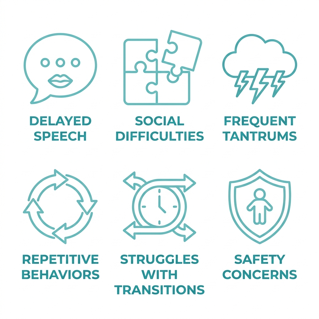 Grid of six outline icons showing common signs a child may benefit from ABA therapy: delayed speech, social difficulties, frequent tantrums, repetitive behaviors, struggles with transitions, and safety concerns, all in teal on white.