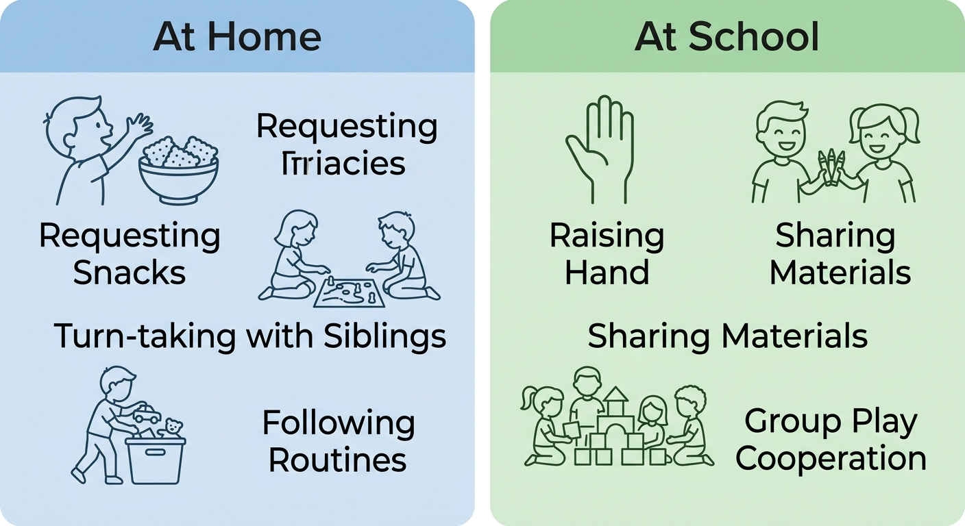 Infographic with two columns, At Home and At School, each listing three everyday ABA skill-building activities with outline icons